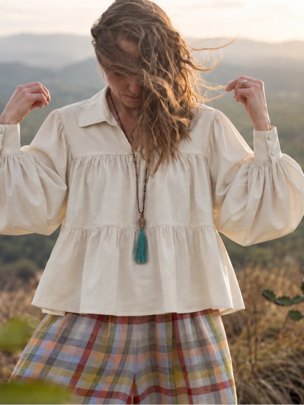 CROSBY by Mollie Burch Ivory Babydoll Peplum Poet Peasant Blouse Puff Sleeve M